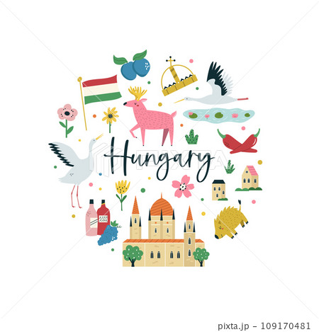 Colorful composition, circle design with famous symbols, animals of Hungary 109170481