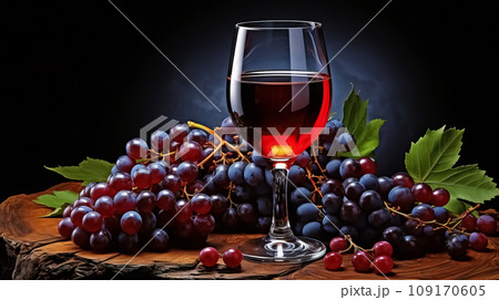 Red Wine Glass on Rustic Wood with Hearty Grapes and Leaves. AI generation 109170605