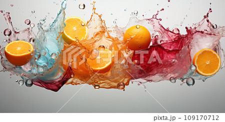 Citrus Jubilee: Oranges Engulfed in a Vivid Splash of Juices and Water. AI generation 109170712