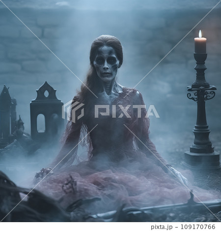 Haunting Apparition in Candlelit Ruins. AI generation 109170766
