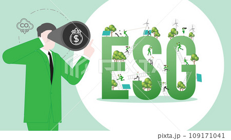 ESG sustainability business visionary. Carbon credit vision from reduce carbon footprint and carbon dioxide to carbon offset. 109171041