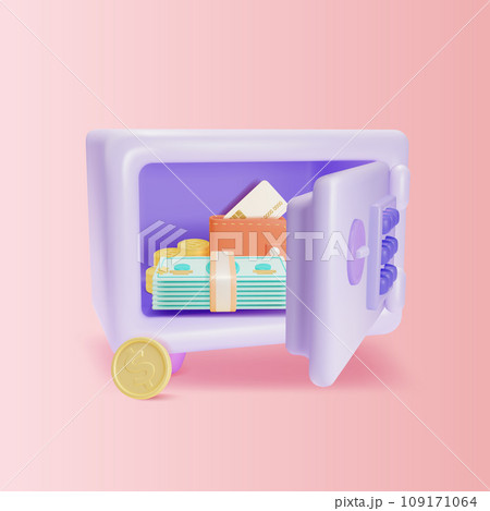 3d Open Safe with Different Money Credit Card, Cash and Gold Coin Cartoon Style. Vector illustration 3d Open Safe with Different Money Credit Card, Cash and Gold Coin Cartoon Style. Vector illustration 109171064
