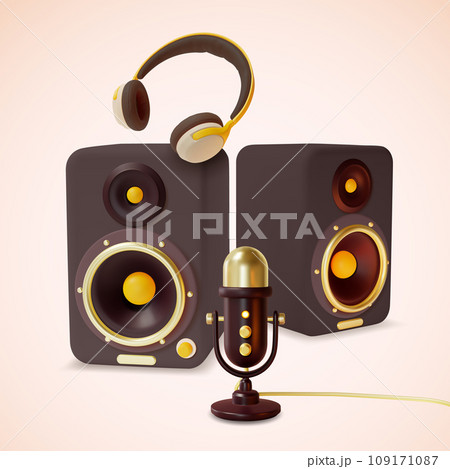 3d Sound Speakers, Headphones and Microphone Set Cartoon Style Equipment for Concert or Broadcasting. Vector illustration 3d Sound Speakers, Headphones and Microphone Set Cartoon Style Equipment for Concert or Broadcasting. Vector illustration 109171087