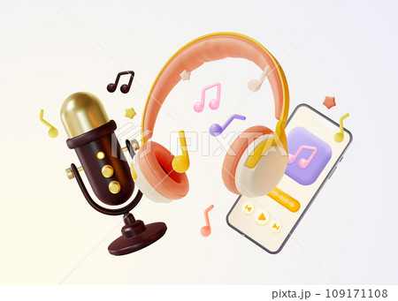 3d Music and Audiobook Subscription Concept Cartoon Style Include of Microphone, Headphones and Smartphone. Vector illustration of Streaming Service 3d Music and Audiobook Subscription Concept Cartoon Style Include of Microphone, Headphones and Smartphone. Vector illustration of Streaming Service 109171108