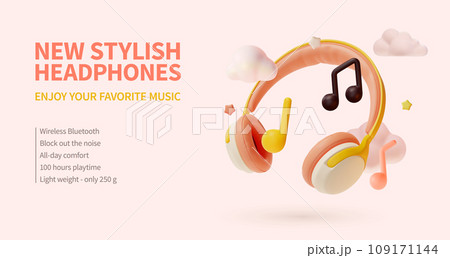 3d New Stylish Headphones Music Gadget Accessory Placard Poster Banner Card Template Cartoon Style. Vector illustration of Wireless Earphones 3d New Stylish Headphones Music Gadget Accessory Placard Poster Banner Card Template Cartoon Style. Vector illustration of Wireless Earphones 109171144