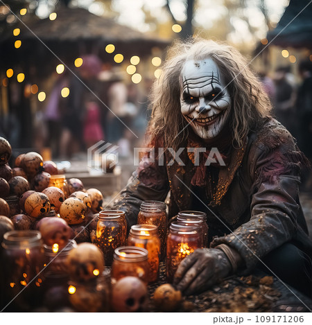 Creepy Clown with Sinister Smile Amidst Candles. AI generation 109171206