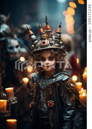 Child in Fantasy Costume with Towering Hat Candles. AI generation 109171248