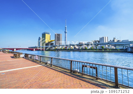 隅田川テラスからスカイツリーや吾妻橋などを望む【東京都・台東区－墨田区】 109171252