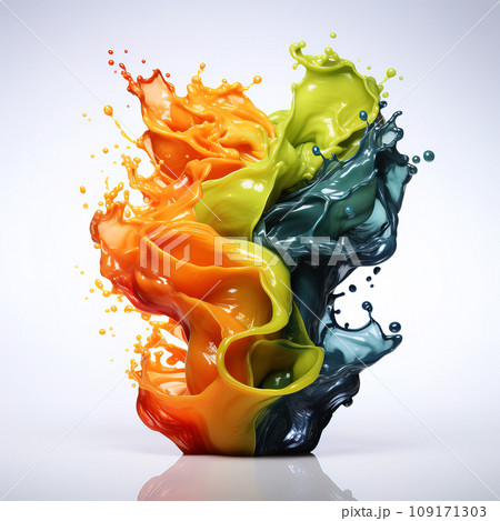 Vivid Liquid Sculpture: A Whirl of Colorful Paint Splashes Frozen in Time. AI generation 109171303