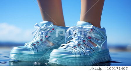 Trendy Blue Platform Sneakers by the Seashore. AI generation Trendy Blue Platform Sneakers by the Seashore. AI generation 109171407