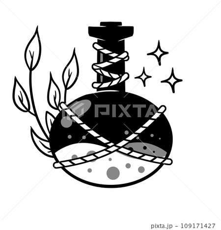 Magic bottle. Esoteric alchemy and glass elixir poison. Mystery chemistry drink. Fantasy cartoon magical mystic mixture, Vintage decorative element 109171427