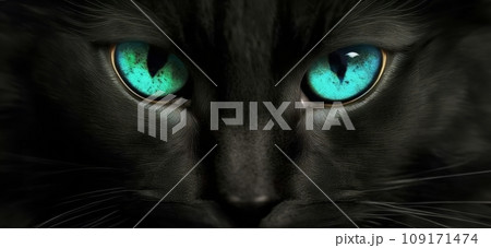 Close-up of a black cat with green eyes 109171474
