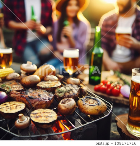 Photo of barbecue grill with tasty food meat potatoes mushrooms eggplant. background groups friends 109171716