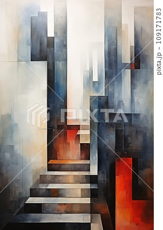 Abstract Cubist Staircase in Warm and Cool Tones. AI generation 109171783