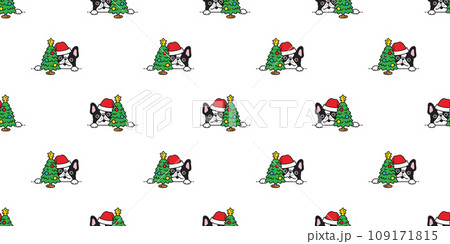 dog seamless pattern french bulldog Christmas tree scarf Santa Claus hat vector puppy pet doodle cartoon gift wrapping paper tile background repeat wallpaper illustration scarf isolated design 109171815