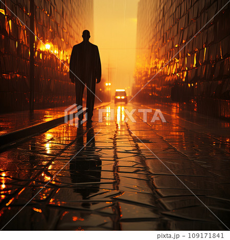 Solitary Figure Walking in a Rainy Sunset Cityscape. AI generation 109171841