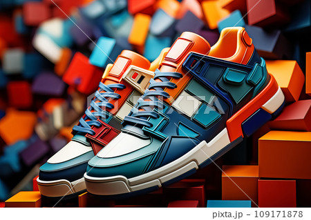 Colorful High-Top Sneakers in a Cubist Art Setting. AI generation 109171878