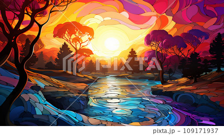 Rainbow river at dusk. AI generation 109171937