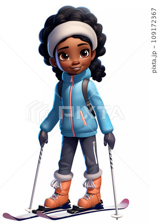 Cute Skiing Girl Dressed in Winter Clothes Cartoon Character 109172367