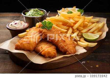 Fish and chips with french fries 109172842