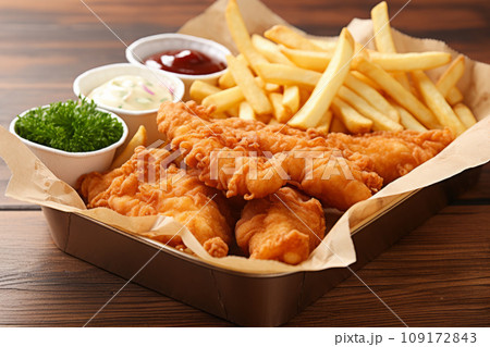 Fish and chips with french fries 109172843