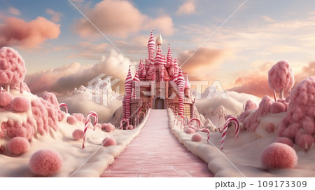 Fabulous pink castle with candy track, flowers and cotton clouds 109173309