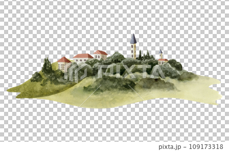 Mediterranean hills landscape with houses and trees watercolor illustration isolated on white background. Jerusalem Jericho valley view of Holy land sketch 109173318