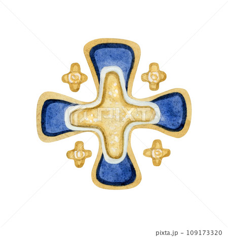 Golden Jerusalem cross or five-fold heraldic symbol watercolor illustration isolated on white background. Holy city emblem 109173320