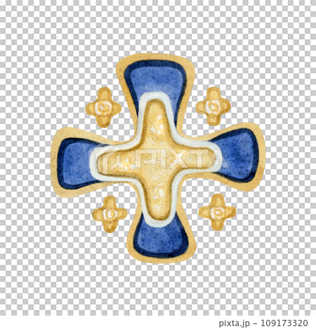 Golden Jerusalem cross or five-fold heraldic symbol watercolor illustration isolated on white background. Holy city emblem 109173320