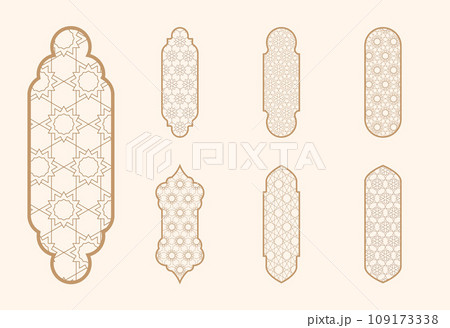 Islamic window shape with mashrabiya pattern. Arabic door frame. Islamic arhitecture elements of window and door and mashrabiya pattern. 109173338