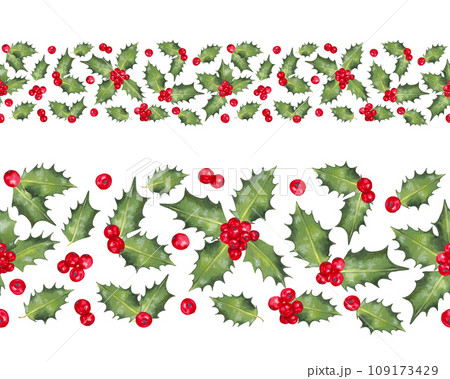 Christmas seamless horizontal border, frame of red holly berries with leaves. Decor for the winter holidays New Year, Christmas. Watercolor and marker.Botanical decoration.Isolated handmade art. 109173429