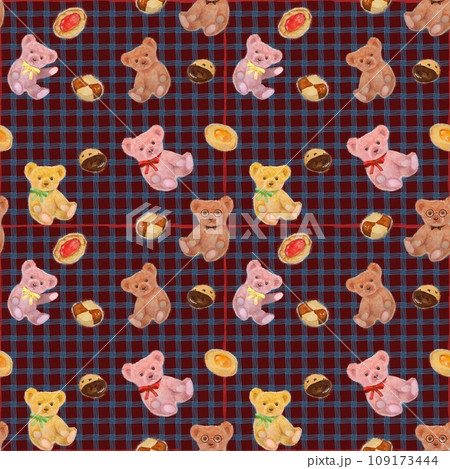 おしゃれなテディベアたちとチェック柄のシームレスパターンイラスト おしゃれなテディベアたちとチェック柄のシームレスパターンイラスト 109173444