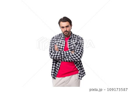 young brutal european brutal guy with gorgeous hair and beard on a white background with copy space 109173587