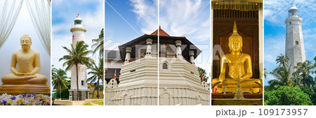 Photo collage of sculptures and architectural landmarks of Sri Lanka. Wide photo. 109173957
