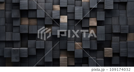 Abstract block stack wooden 3d cubes, black wood texture for backdrop 109174032