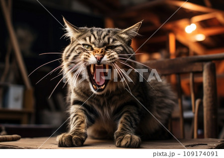 Roaring domestic cat, wild pet. Roaring domestic cat, wild pet. 109174091