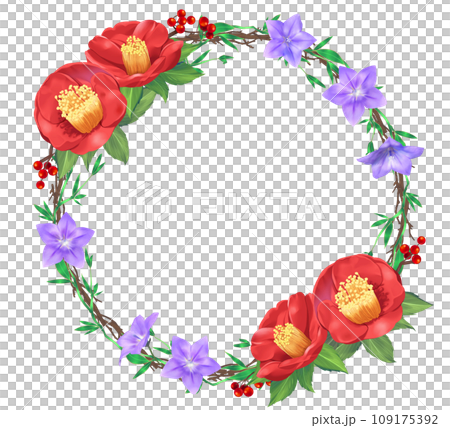 Japanese-style wreath of camellia, bellflower, and southern sky, circular frame 109175392