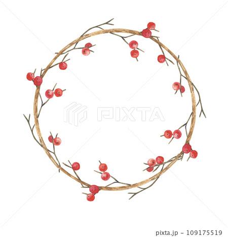 Watercolor Christmas wreath. Hand drawn illustration with twigs and red berries. Decor for invitations, greeting cards, packaging 109175519