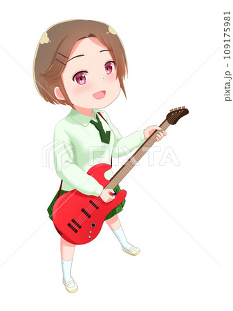 エレキギターを弾く軽音部の女の子のイラスト素材 109175981