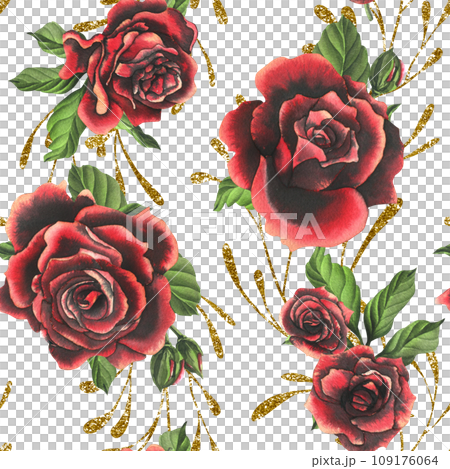 Red-black rose flowers with green leaves and buds, golden branches chic, bright, beautiful. Hand drawn watercolor illustration. Seamless pattern on a white background, for decoration and design. 109176064