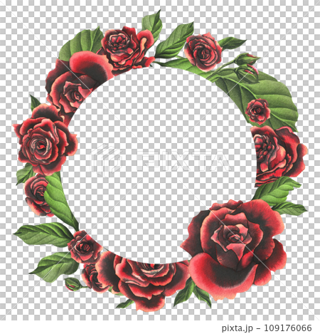 Red-black rose flowers with green leaves and buds, chic, bright, beautiful. Hand drawn watercolor illustration. Circle wreath, frame, template on a white background, for decoration and design. Red-black rose flowers with green leaves and buds, chic, bright, beautiful. Hand drawn watercolor illustration. Circle wreath, frame, template on a white background, for decoration and design. 109176066