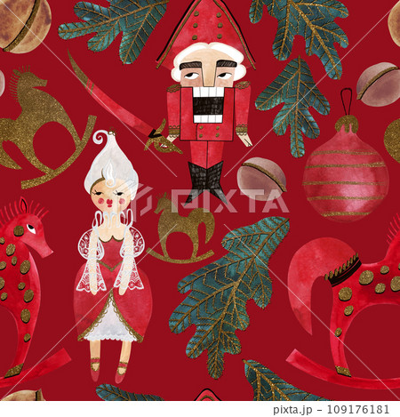 Nutcracker and nuts. Seamless watercolor pattern for New Year and Christmas wrapping paper. Vintage style gifts for children under the Christmas tree. 109176181