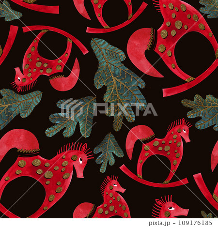 Nutcracker and nuts. Seamless watercolor pattern for New Year and Christmas wrapping paper. Vintage style gifts for children under the Christmas tree. Nutcracker and nuts. Seamless watercolor pattern for New Year and Christmas wrapping paper. Vintage style gifts for children under the Christmas tree. 109176185