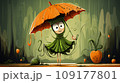 Illustration of a little girl in a green dress with an umbrella 109177801