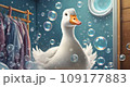 White duck in the room with soap bubbles. 3D rendering. goose mascot 109177883