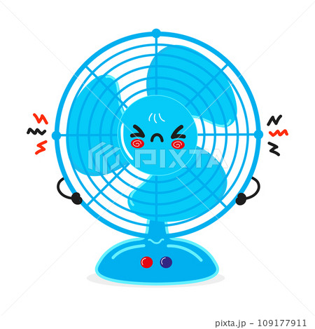 Cute angry Air fan character. Vector hand drawn cartoon kawaii character illustration icon. Isolated on white background. Sad Air ventilator character concept Cute angry Air fan character. Vector hand drawn cartoon kawaii character illustration icon. Isolated on white background. Sad Air ventilator character concept 109177911