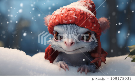 Cute Christmas baby dragon in the snow. 3D rendering 109178035