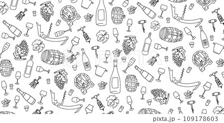 wine elements hand drawn, doodle and vector illustration icons set 109178603