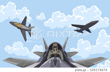 Pilot in the fighter. Aircraft-fighter cockpit overview. Aerobatic team in the air. A military fighter in the clouds. Figures of higher pilotage. The pilot of a military plane 109178878