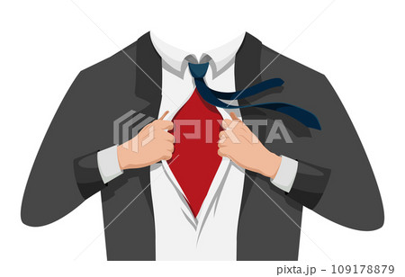 Opening shirt superhero. Office worker or businessman tearing his shirt in flat cartoon style. Business success concept in pop art comic style. Vector illustration 109178879